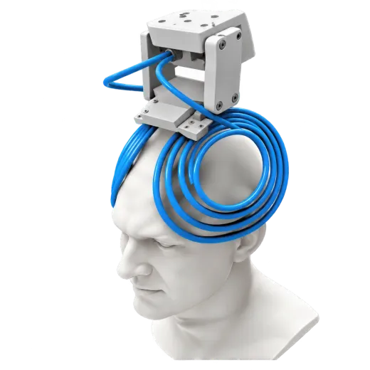 BrainsWay H7 Deep TMS coil array worn over the head of a model