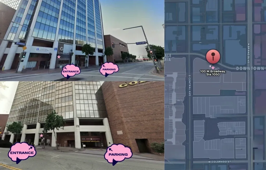 Entrance and parking directions for Breakthrough TMS at 100 W Broadway in Glendale